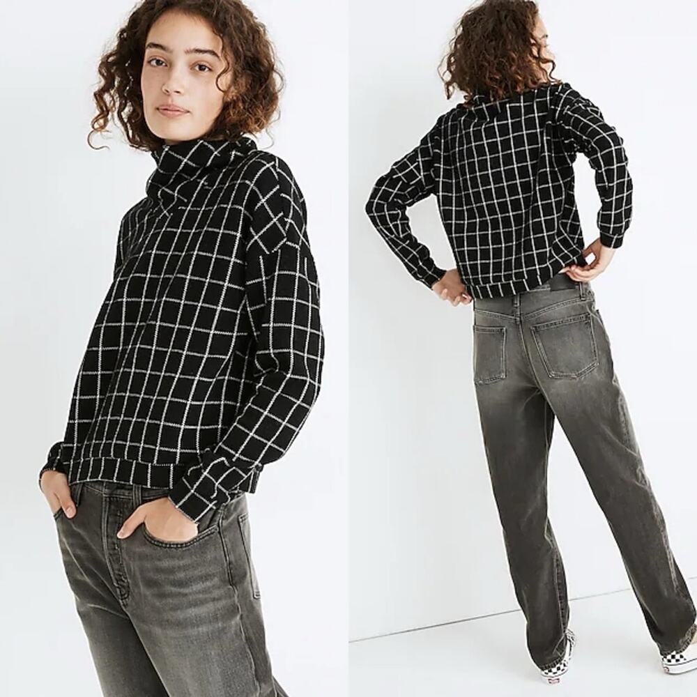 Madewell Black Textured Windowpane Turtleneck Top